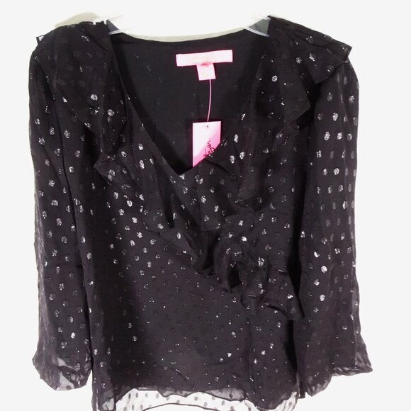 Lilly Pulitzer Olenna Silk Top Women's Size 2XS Black Ruffle Metallic Flowy - Picture 4 of 11